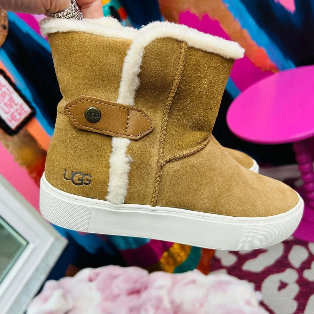 UGG Priya Platform Women's 7.5 Sneaker Boots Shearling Lined Chestnut Suede New